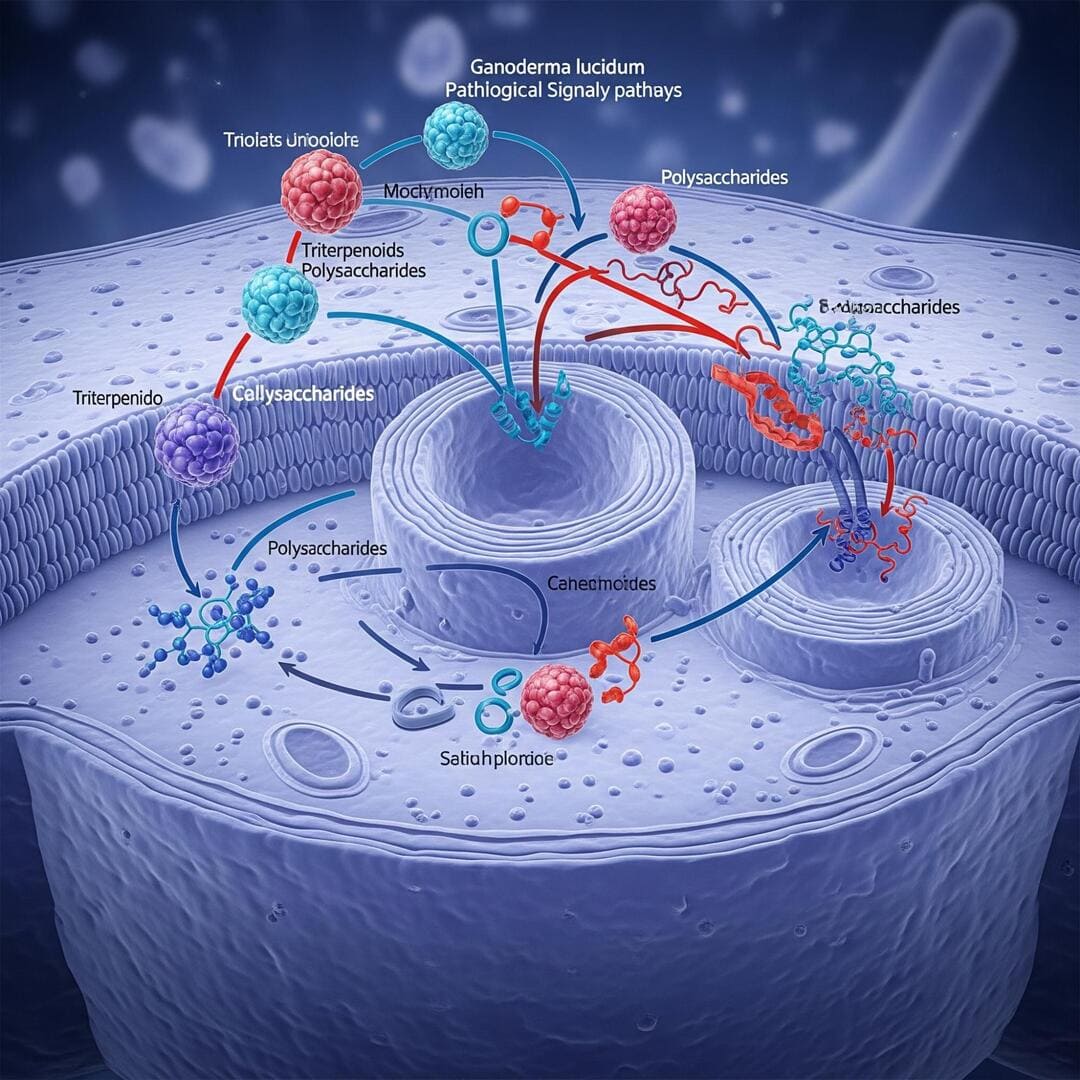 Wirkmechanismen von Ganoderma lucidum: Bioaktive Verbindungen und ihre Interaktion mit zellulären Signalwegen.
