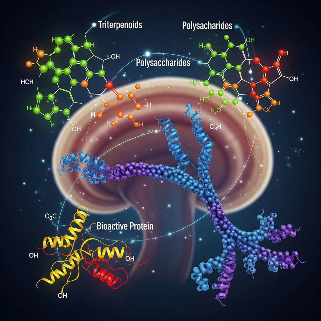 Die bioaktiven Hauptwirkstoffklassen von Ganoderma lucidum: Triterpenoide, Polysaccharide und Proteine.